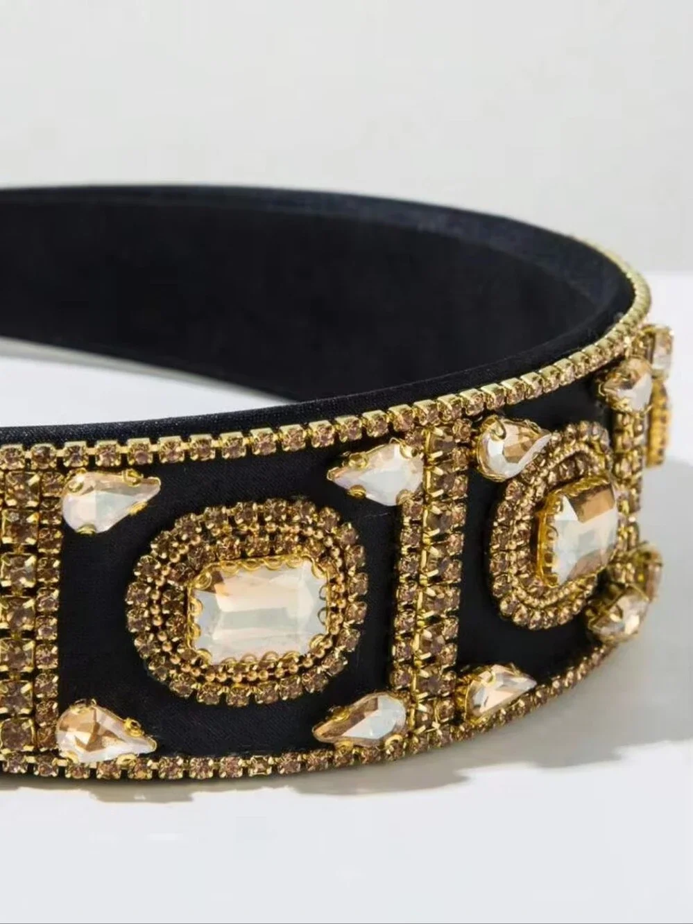 Black Headband with Gold Crystal Embellishments
